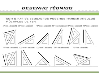 DESENHO TÉCNICO

COM O PAR DE ESQUADROS PODEMOS MARCAR ANGULOS
MÚLTIPLOS DE 15º:
 