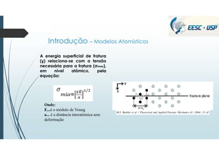 Introdução – Modelos Atomísticos
A energia superficial de fratura
(ɣ) relaciona-se com a tensão
necessária para a fratura (σmax),
em nível atômico, pela
equação:
Onde:
E...é o módulo de Young
a... é a distância interatômica sem
deformação
 