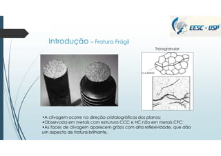 Introdução – Fratura Frágil
•A clivagem ocorre na direção cristalográficas dos planos;
•Observada em metais com estrutura CCC e HC não em metais CFC;
•As faces de clivagem aparecem grãos com alta reflexividade, que dão
um aspecto de fratura brilhante.
Transgranular
 