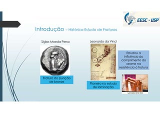 Introdução – Histórico Estudo de Fraturas
Siglos Moeda Persa
Fratura do punção
de bronze
Leonardo da Vinci
Pioneiro no estudo
de laminação
Estudou a
influência do
comprimento do
arame na
resistência à fratura
 