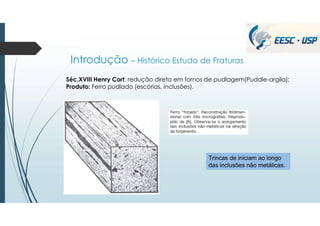 Introdução – Histórico Estudo de Fraturas
Séc.XVIII Henry Cort: redução direta em fornos de pudlagem(Puddle-argila);
Produto: Ferro pudlado (escórias, inclusões).
Trincas de iniciam ao longo
das inclusões não metálicas.
 