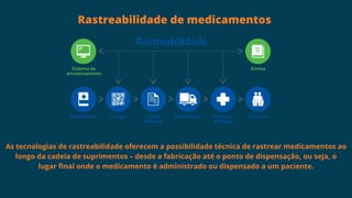 Rastreabilidade de medicamentos
As tecnologias de rastreabilidade oferecem a possibilidade técnica de rastrear medicamentos ao
longo da cadeia de suprimentos – desde a fabricação até o ponto de dispensação, ou seja, o
lugar final onde o medicamento é administrado ou dispensado a um paciente.
 