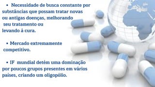 Necessidade de busca constante por
Mercado extremamente
IF mundial detém uma dominação
substâncias que possam tratar novas
ou antigas doenças, melhorando
seu tratamento ou
levando à cura.
competitivo.
por poucos grupos presentes em vários
países, criando um oligopólio.
 