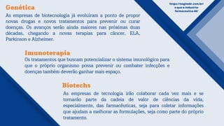 As empresas de biotecnologia já evoluíram a ponto de propor
novas drogas e novos tratamentos para prevenir ou curar
doenças. Os avanços serão ainda maiores nas próximas duas
décadas, chegando a novas terapias para câncer, ELA,
Parkinson e Alzheimer.
Genética
Imunoterapia
Biotechs
Os tratamentos que buscam potencializar o sistema imunológico para
que o próprio organismo possa prevenir ou combater infecções e
doenças também deverão ganhar mais espaço.
As empresas de tecnologia irão colaborar cada vez mais e se
tornarão parte da cadeia de valor de ciências da vida,
especialmente, das farmacêuticas, seja para coletar informações
que ajudam a melhorar as formulações, seja como parte do próprio
tratamento.
https://enginebr.com.br/
o-que-e-industria-
farmaceutica-40/
 