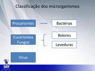 Classificação dos microrganismos
Procariontes Bactérias
Eucariontes
Fungos
Bolores
Leveduras
Vírus
 