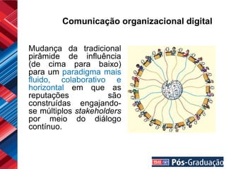 Comunicação organizacional digital


Mudança da tradicional
pirâmide de influência
(de cima para baixo)
para um paradigma mais
fluido, colaborativo e
horizontal em que as
reputações            são
construídas engajando-
se múltiplos stakeholders
por meio do diálogo
contínuo.
 
