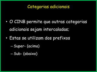 Categorias adicionais
• O CINB permite que outras categorias
adicionais sejam intercaladas;
• Estas se utilizam dos prefixos
– Super- (acima)
– Sub- (abaixo)
 