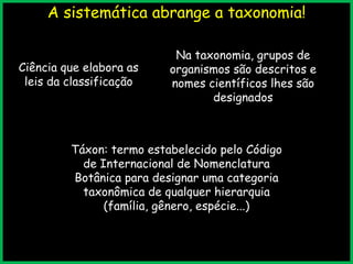 A sistemática abrange a taxonomia!
Ciência que elabora as
leis da classificação
Na taxonomia, grupos de
organismos são descritos e
nomes científicos lhes são
designados
Táxon: termo estabelecido pelo Código
de Internacional de Nomenclatura
Botânica para designar uma categoria
taxonômica de qualquer hierarquia
(família, gênero, espécie...)
 