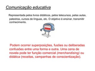Comunicação educativa
Representada pelos livros didáticos, pelos telecursos, pelas aulas,
palestras, cursos de línguas, etc. O objetivo é ensinar, transmitir
conhecimento.
Podem ocorrer superposições, fusões ou deliberadas
confusões entre uma forma e outra. Uma cena de
novela pode ter função comercial (merchandising) ou
didática (receitas, campanhas de conscientização).
 
