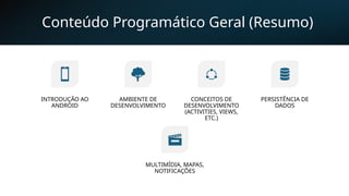 Conteúdo Programático Geral (Resumo)
INTRODUÇÃO AO
ANDROID
AMBIENTE DE
DESENVOLVIMENTO
CONCEITOS DE
DESENVOLVIMENTO
(ACTIVITIES, VIEWS,
ETC.)
PERSISTÊNCIA DE
DADOS
MULTIMÍDIA, MAPAS,
NOTIFICAÇÕES
 