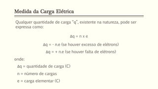 Δq = - n.e (se houver excesso de elétrons)
Δq = + n.e (se houver falta de elétrons)
onde:
Δq = quantidade de carga (C)
n = número de cargas
e = carga elementar (C)
Qualquer quantidade de carga “q”, existente na natureza, pode ser
expressa como:
Δq = n x e
Medida da Carga Elétrica
 