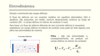 Eletrodinâmica
O fluxo de elétrons em um condutor metálico em equilíbrio eletrostático (EE) é
aleatório, não possuindo, em média, nenhum deslocamento contínuo ao longo do
condutor (EE - o campo elétrico no interior do condutor é nulo)
Estuda o movimento das cargas elétricas
Para haver um fluxo de elétrons diferente de zero (corrente elétrica) é necessário
estabelecer um campo elétrico no interior do condutor (isso pode ser feito ligando uma
pilha nas extremidades do mesmo)
Pilha – ddp nas extremidades e,
conseqüentemente, vai produzir um
campo elétrico no interior do condutor:
o
AB
A
B
q
W
V
V =
−
U =
 