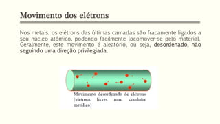 Movimento dos elétrons
Nos metais, os elétrons das últimas camadas são fracamente ligados a
seu núcleo atômico, podendo facilmente locomover-se pelo material.
Geralmente, este movimento é aleatório, ou seja, desordenado, não
seguindo uma direção privilegiada.
 