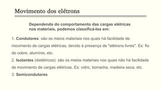 Dependendo do comportamento das cargas elétricas
nos materiais, podemos classificá-los em:
1. Condutores: são os meios materiais nos quais há facilidade de
movimento de cargas elétricas, devido à presença de "elétrons livres". Ex: fio
de cobre, alumínio, etc.
2. Isolantes (dielétricos): são os meios materiais nos quais não há facilidade
de movimento de cargas elétricas. Ex: vidro, borracha, madeira seca, etc.
3. Semicondutores
Movimento dos elétrons
 