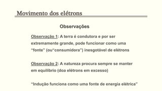 Observações
Observação 1: A terra é condutora e por ser
extremamente grande, pode funcionar como uma
“fonte” (ou“consumidora”) inesgotável de elétrons
Observação 2: A natureza procura sempre se manter
em equilíbrio (doa elétrons em excesso)
“Indução funciona como uma fonte de energia elétrica”
Movimento dos elétrons
 