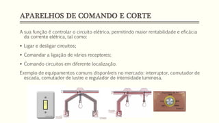 APARELHOS DE COMANDO E CORTE
A sua função é controlar o circuito elétrico, permitindo maior rentabilidade e eficácia
da corrente elétrica, tal como:
▪ Ligar e desligar circuitos;
▪ Comandar a ligação de vários receptores;
▪ Comando circuitos em diferente localização.
Exemplo de equipamentos comuns disponíveis no mercado: interruptor, comutador de
escada, comutador de lustre e regulador de intensidade luminosa.
 