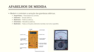 APARELHOS DE MEDIDA
▪ Medem e controlam a variação das grandezas elétricas.
▪ Amperímetro – Intensidade da corrente;
▪ Voltímetro – Tensão elétrica;
▪ Wattímetro – Potência elétrica;
▪ Ohmímetro – Resistência elétrica;
▪ Multímetro – Todas as funções anteriores reunidas num único aparelho.
 