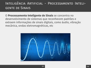 Inteligência Artificial - Processamento Inteli-
gente de Sinais
O Processamento Inteligente de Sinais se concentra no
desenvolvimento de sistemas que reconhecem padrões e
extraem informações de sinais digitais, como áudio, vibração
mecânica, ondas eletromagnéticas, etc
22 44
 