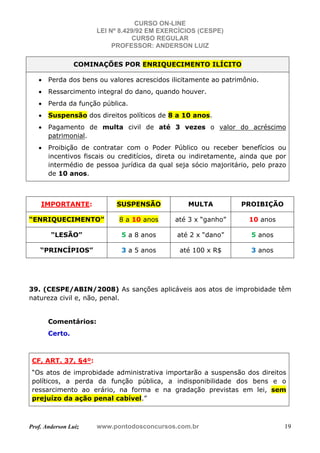 CURSO ON-LINE
LEI Nº 8.429/92 EM EXERCÍCIOS (CESPE)
CURSO REGULAR
PROFESSOR: ANDERSON LUIZ
Prof. Anderson Luiz www.pontodosconcursos.com.br 19
COMINAÇÕES POR ENRIQUECIMENTO ILÍCITO
• Perda dos bens ou valores acrescidos ilicitamente ao patrimônio.
• Ressarcimento integral do dano, quando houver.
• Perda da função pública.
• Suspensão dos direitos políticos de 8 a 10 anos.
• Pagamento de multa civil de até 3 vezes o valor do acréscimo
patrimonial.
• Proibição de contratar com o Poder Público ou receber benefícios ou
incentivos fiscais ou creditícios, direta ou indiretamente, ainda que por
intermédio de pessoa jurídica da qual seja sócio majoritário, pelo prazo
de 10 anos.
IMPORTANTE: SUSPENSÃO MULTA PROIBIÇÃO
“ENRIQUECIMENTO” 8 a 10 anos até 3 x “ganho” 10 anos
“LESÃO” 5 a 8 anos até 2 x “dano” 5 anos
“PRINCÍPIOS” 3 a 5 anos até 100 x R$ 3 anos
39. (CESPE/ABIN/2008) As sanções aplicáveis aos atos de improbidade têm
natureza civil e, não, penal.
Comentários:
Certo.
CF, ART. 37, §4º:
“Os atos de improbidade administrativa importarão a suspensão dos direitos
políticos, a perda da função pública, a indisponibilidade dos bens e o
ressarcimento ao erário, na forma e na gradação previstas em lei, sem
prejuízo da ação penal cabível.”
 