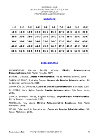 CURSO ON-LINE
LEI Nº 8.429/92 EM EXERCÍCIOS (CESPE)
CURSO REGULAR
PROFESSOR: ANDERSON LUIZ
Prof. Anderson Luiz www.pontodosconcursos.com.br 40
GABARITO
1-E 2-E 3-E 4-C 5-E 6-E 7-C 8-E 9-E 10-E
11-E 12-C 13-E 14-C 15-C 16-E 17-C 18-C 19-E 20-E
21-E 22-E 23-C 24-D 25-B 26-C 27-E 28-E 29-C 30-C
31-C 32-E 33-C 34-E 35-E 36-C 37-E 38-C 39-C 40-E
41-C 42-E 43-C 44-E 45-A 46-C 47-C 48-C 49-E 50-E
51-E 52-C 53-E 54-E 55-C 56-C 57-C 58-C 59-C 60-C
BIBLIOGRAFIA
ALEXANDRINO, Marcelo; PAULO, Vicente. Direito Administrativo
Descomplicado. São Paulo: Método, 2009.
BARCHET, Gustavo. Direito Administrativo. Rio de Janeiro: Elsevier, 2008.
CARVALHO FILHO, José dos Santos. Manual de Direito Administrativo. Rio
de Janeiro: Lumen Juris, 2010.
CUNHA JÚNIOR, Dirley da. Curso de Direito Administrativo. Salvador: 2008.
DI PIETRO, Maria Sylvia Zanella. Direito Administrativo. São Paulo: Atlas,
2008.
GARCIA, Emerson; ALVES, Rogério Pacheco. Improbidade Administrativa.
Rio de Janeiro: Lumen Juris, 2008.
MEIRELLES, Hely Lopes. Direito Administrativo Brasileiro. São Paulo:
Malheiros, 2008.
MELLO, Celso Antônio Bandeira de. Curso de Direito Administrativo. São
Paulo: Malheiros, 2008.
 