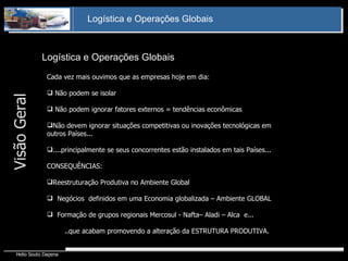 Logística e Operações Globais  Cada vez mais ouvimos que as empresas hoje em dia: Não podem se isolar Não podem ignorar fatores externos = tendências econômicas Não devem ignorar situações competitivas ou inovações tecnológicas em outros Países... ....principalmente se seus concorrentes estão instalados em tais Países... CONSEQUÊNCIAS: Reestruturação Produtiva no Ambiente Global Negócios  definidos em uma Economia globalizada – Ambiente GLOBAL Formação de grupos regionais Mercosul - Nafta– Aladi – Alca  e... ..que acabam promovendo a alteração da ESTRUTURA PRODUTIVA. Visão Geral 