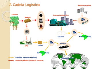 A Cadeia Logística
Floresta
Madeira
Químicos e outros
Aracruz Celulose S.A.
APM
Lyptus
Celulose
Portocel
Produtos (Celulose e Lyptus)
Insumos (Madeira, Químicos e outros)
Mercado Externo
Mercado Interno
Mercado Interno
 