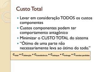 Custo Total
 Levar em consideração TODOS os custos
componentes
 Custos componentes podem ter
comportamento antagônico
 Minimizar o CUSTO TOTAL do sistema
 “Ótimo de uma parte não
necessariamente leva ao ótimo do todo.”
Ctotal = Cobtenção + Ctransferência + Cestoque + Centrega + Cvendas perdidas
 