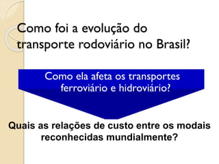 Como foi a evolução do
transporte rodoviário no Brasil?
Como ela afeta os transportes
ferroviário e hidroviário?
Quais as relações de custo entre os modais
reconhecidas mundialmente?
 