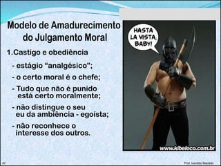 Prof. Ivanildo Macêdo47
1.Castigo e obediência
- estágio “analgésico”;
- o certo moral é o chefe;
- Tudo que não é punido
está certo moralmente;
- não distingue o seu
eu da ambiência - egoísta;
- não reconhece o
interesse dos outros.
 