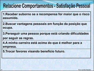 1.Receber suborno se a recompensa for maior que o risco
assumido.
2.Buscar vantagens pessoais em função da posição que
ocupa.
3.Perseguir uma pessoa porque está criando dificuldades
por seguir as regras.
4.A minha carreira está acima do que é melhor para a
empresa.
5.Trocar favores visando benefício futuro.
Prof. Ivanildo Macêdo61
 