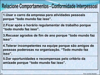 1.Usar o carro da empresa para atividades pessoais
porque “todo mundo faz isso”.
2.Ficar após o horário regulamentar de trabalho porque
“todo mundo faz isso”.
3.Recusar agrados de fim de ano porque “todo mundo faz
isso”.
4.Tolerar incompetentes na equipe porque são amigos de
pessoas poderosas na organização. “Todo mundo faz
isso”.
5.Dar oportunidades e recompensas pelo critério da
amizade porque “todo mundo faz isso”.
Prof. Ivanildo Macêdo63
 