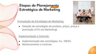 Etapas do Planejamento
Estratégico de Marketing
Formulação de Estratégias de Marketing:
● Seleção de estratégias de produto, preço, praça e
promoção (4 P’s do Marketing).
Implementação e Controle:
● Implementação das estratégias. Ex.: 5W2H.
● Monitoramento e controle.
8
 