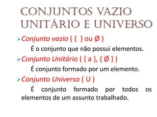 Conjuntos vazio
unitário e Universo
Conjunto vazio ( {

} ou Ø )

É o conjunto que não possui elementos.
Conjunto Unitário ( { a }, { Ø } )

É conjunto formado por um elemento.
Conjunto Universo ( U )

É conjunto formado por todos
elementos de um assunto trabalhado.

os

 