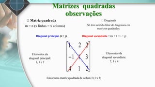 










2
1
4
3
1
1
2
2
1
Matriz quadrada
m = n (x linhas = x colunas)
Esta é uma matriz quadrada de ordem 3 (3 x 3)
Diagonais
Só tem sentido falar de diagonais em
matrizes quadradas.
Diagonal principal (i = j) Diagonal secundária = (n + 1 = i + j)
Elementos da
diagonal principal:
1, 1 e 2
Elementos da
diagonal secundária:
2, 1 e 4
Matrizes quadradas
observações
 
