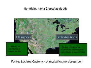 No início, havia 2 escolas de AI: - Design estrutural da informação (vocabulários controlados e taxonomias). ´ Fonte: Luciana Cattony – plantabaixa.wordpress.com - Desenho de wireframes e mapas do site. 