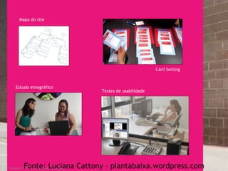Testes de usabilidade Card Sorting Imagens: TRY – Consultoria e pesquisa Estudo etnográfico Mapa do site Fonte: Luciana Cattony – plantabaixa.wordpress.com 