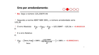 Erro por arredondamento:
＊ Ex: Seja o número 125,35879 kN
＊ Segundo a norma ABNT NBR 5891, o número arredondado seria
125,36
＊ O erro Absoluto
é:
𝑨𝑩
𝑺
𝑹𝑬𝑨
𝑳
𝑨𝑹
𝑹
＊ E o erro Relativo
é:
𝑹𝑬
𝑳
＊ 𝑿𝑹𝑬𝑨𝑳−𝑿𝑨𝑹𝑹
𝑿𝑹𝑬𝑨𝑳
𝟏𝟐𝟓,𝟑𝟓𝟖𝟗𝟕
− ,
𝟏𝟐𝟓 𝟑𝟔𝟏𝟐𝟓,𝟑𝟓𝟖
𝟗𝟕
30
 