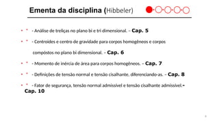 8
Ementa da disciplina (Hibbeler)
• ＊ - Análise de treliças no plano bi e tri dimensional. – Cap. 5
• ＊ - Centroides e centro de gravidade para corpos homogêneos e corpos
compóstos no plano bi dimensional. – Cap. 6
• ＊ - Momento de inércia de área para corpos homogêneos. – Cap. 7
• ＊ - Definições de tensão normal e tensão cisalhante, diferenciando-as. – Cap. 8
• ＊ - Fator de segurança, tensão normal admissível e tensão cisalhante admissível.-
Cap. 10
 