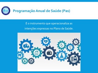 Programação Anual de Saúde (Pas)
É o instrumento que operacionaliza as
intenções expressas no Plano de Saúde.
 
