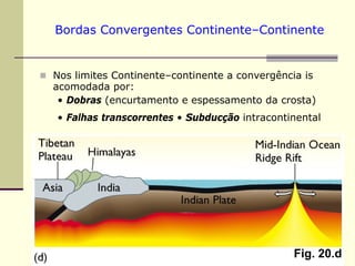 Bordas Convergentes Continente–Continente


Nos limites Continente–continente a convergência is
acomodada por:
 • Dobras (encurtamento e espessamento da crosta)
• Falhas transcorrentes • Subducção intracontinental




                                              Fig. 20.d
 