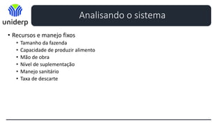 • Recursos e manejo fixos
• Tamanho da fazenda
• Capacidade de produzir alimento
• Mão de obra
• Nível de suplementação
• Manejo sanitário
• Taxa de descarte
Analisando o sistema
 