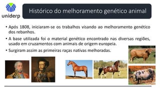 Histórico do melhoramento genético animal
• Após 1808, iniciaram-se os trabalhos visando ao melhoramento genético
dos rebanhos.
• A base utilizada foi o material genético encontrado nas diversas regiões,
usado em cruzamentos com animais de origem europeia.
• Surgiram assim as primeiras raças nativas melhoradas.
 