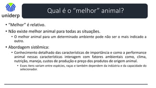 • “Melhor” é relativo.
• Não existe melhor animal para todas as situações.
• O melhor animal para um determinado ambiente pode não ser o mais indicado a
outro.
• Abordagem sistêmica:
• Conhecimento detalhado das características de importância e como a performance
animal nessas características interagem com fatores ambientais como, clima,
nutrição, manejo, custos de produção e preço dos produtos de origem animal.
• Esses itens variam entre espécies, raças e também dependem da indústria e da capacidade do
selecionador.
Qual é o “melhor” animal?
 