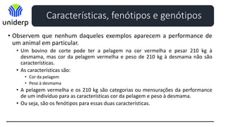 • Observem que nenhum daqueles exemplos aparecem a performance de
um animal em particular.
• Um bovino de corte pode ter a pelagem na cor vermelha e pesar 210 kg à
desmama, mas cor da pelagem vermelha e peso de 210 kg à desmama não são
características.
• As características são:
• Cor da pelagem
• Peso à desmama
• A pelagem vermelha e os 210 kg são categorias ou mensurações da performance
de um indivíduo para as características cor da pelagem e peso à desmama.
• Ou seja, são os fenótipos para essas duas características.
Características, fenótipos e genótipos
 