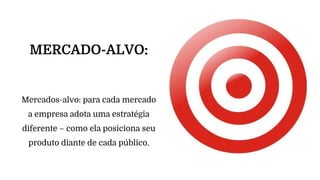 MERCADO-ALVO:
Mercados-alvo: para cada mercado
a empresa adota uma estratégia
diferente – como ela posiciona seu
produto diante de cada público.
 
