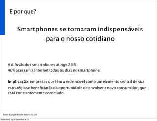 E por que?
Smartphones se tornaram indispensáveis
para o nosso cotidiano
A difusão dos smartphones atinge 26 % .
46% acessam a Internet todos os dias no smartphone.
Implicação: empresas que têm a rede móvel como um elemento central de sua
estratégia se beneﬁciarão da oportunidade de envolver o novo consumidor, que
está constantemente conectado.
Fonte:Google Mobile Report / Brazil
sexta-feira, 13 de setembro de 13
 