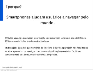 E por que?
Smartphones ajudam usuários a navegar pelo
mundo.
89% dos usuários procuram informações de empresas locais em seus telefones.
90% tomam decisões em decorrência disso.
Implicação: garantir que números de telefone clicáveis apareçam nos resultados
locais e aproveitar os serviços com base na localização no celular facilita o
contato direto dos consumidores com as empresas.
Fonte:Google Mobile Report / Brazil
sexta-feira, 13 de setembro de 13
 