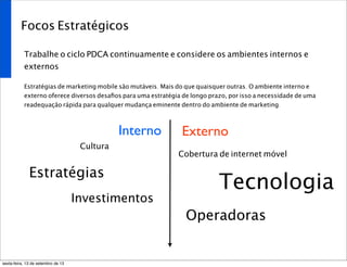Focos Estratégicos
Trabalhe o ciclo PDCA continuamente e considere os ambientes internos e
externos
Estratégias de marketing mobile são mutáveis. Mais do que quaisquer outras. O ambiente interno e
externo oferece diversos desaﬁos para uma estratégia de longo prazo, por isso a necessidade de uma
readequação rápida para qualquer mudança eminente dentro do ambiente de marketing.
Tecnologia
Operadoras
Cobertura de internet móvel
Estratégias
Cultura
Investimentos
Interno Externo
sexta-feira, 13 de setembro de 13
 