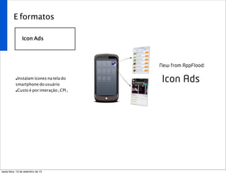 E formatos
Icon Ads
•Instalam ícones na tela do
smartphone do usuário
•Custo é por interação (CPI)
sexta-feira, 13 de setembro de 13
 