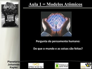 Aula 1 = Modelos Atômicos
Pergunta do pensamento humano:
Do que o mundo e as coisas são feitas?
 